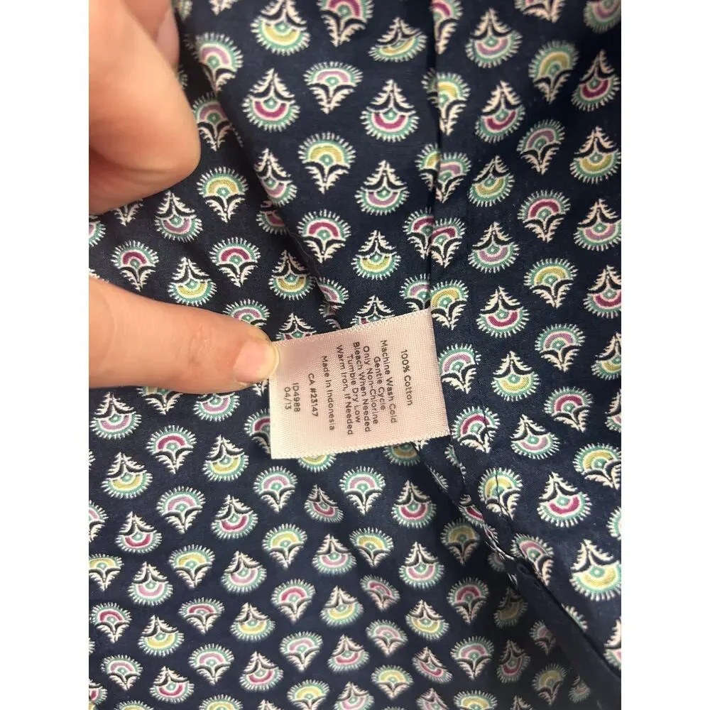 Talbots Navy Printed Button Front Cotton Shirt Women’s XS Roll Tab Sleeves‎